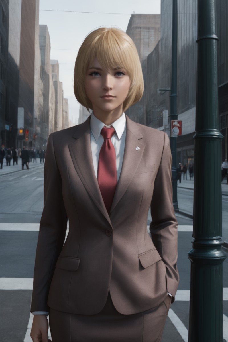 1girl,mid_telamon,looking at viewer,<lora:mid_sdxl_V2:0.65>,upper_body,street,city,lamppost,business suit,